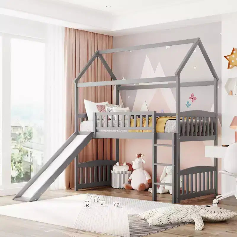 Twin Loft Bed with Slide and Ladder – House-Style Kids Bed, Gray