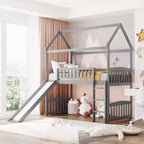 Twin Loft Bed with Slide and Ladder – House-Style Kids Bed, Gray