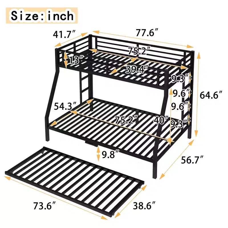 Metal Bunk Bed with Trundle – Twin over Full with Guardrail and Ladder
