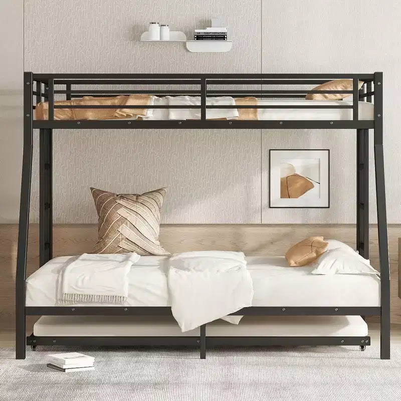 Metal Bunk Bed with Trundle – Twin over Full with Guardrail and Ladder